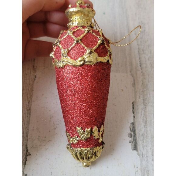 Red glitter mistletoe trim gold ornament Xmas decor - Picture 1 of 7